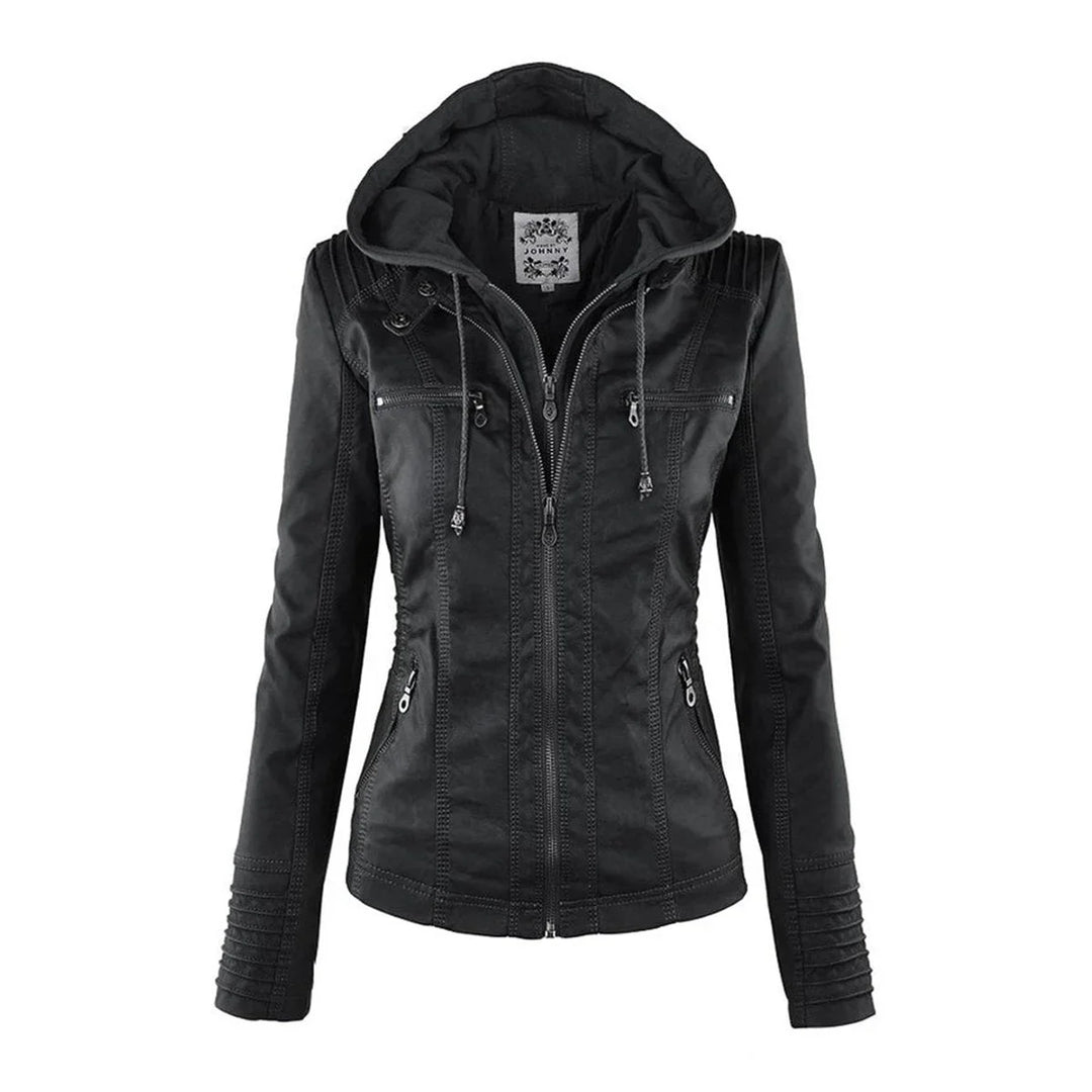 Women's Hooded Faux Leather Moto Coat Removable Hood