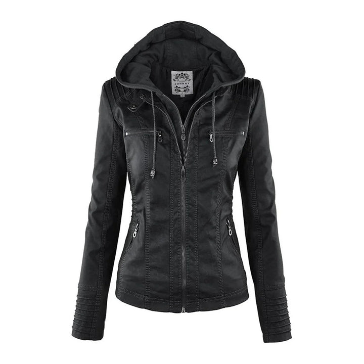 Women's Hooded Faux Leather Moto Coat Removable Hood