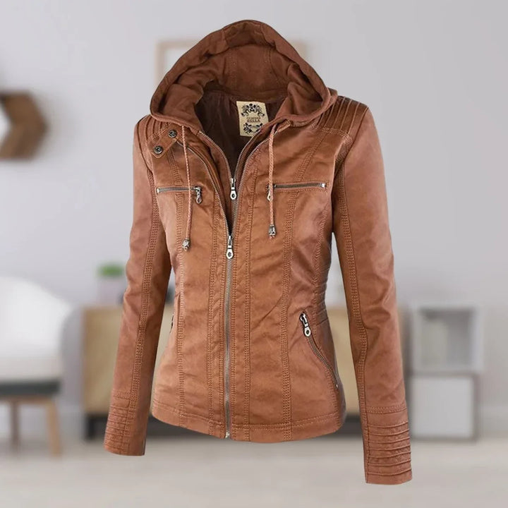 Women's Hooded Faux Leather Moto Coat Removable Hood