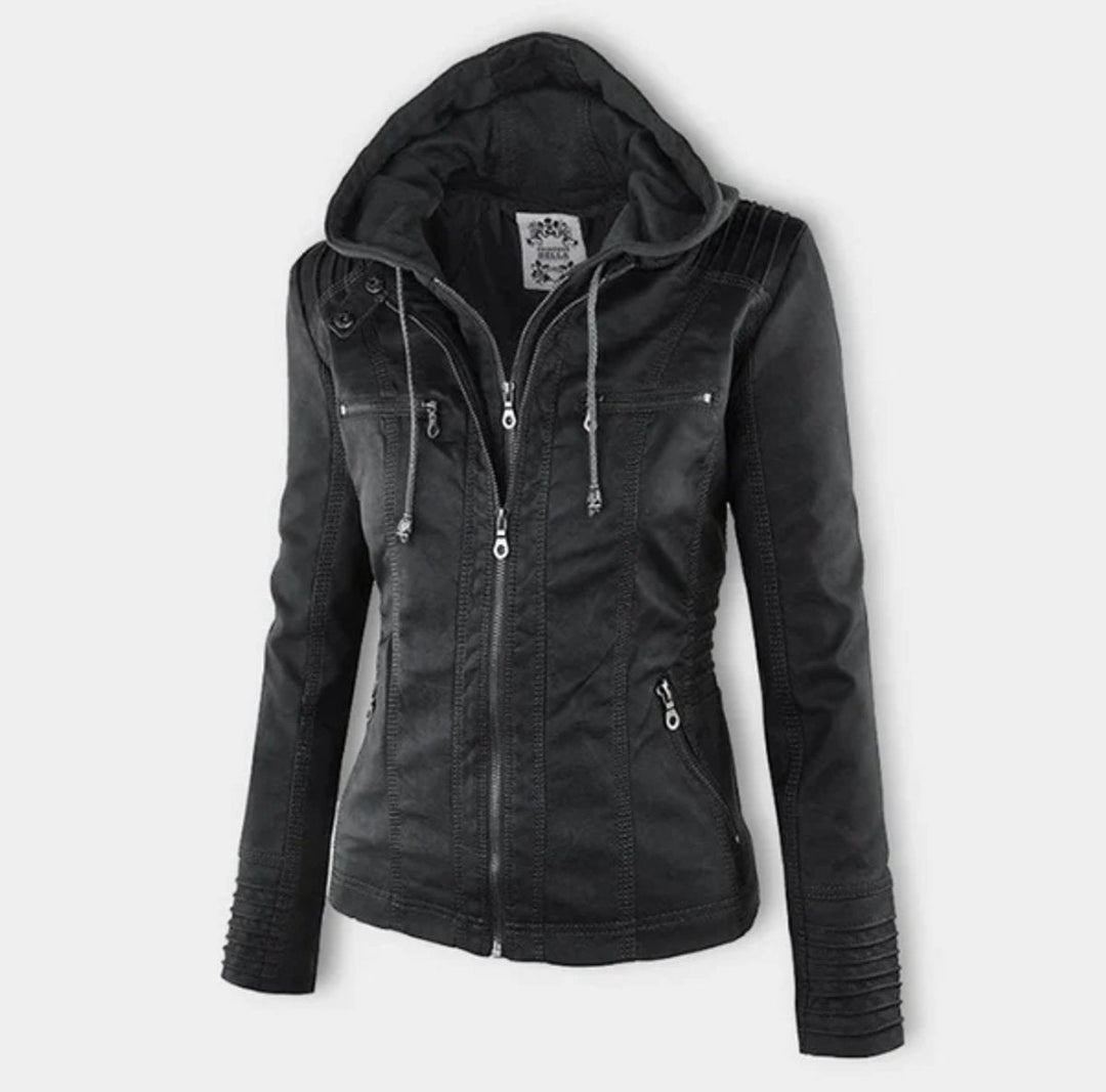 Women's Jacket – Hooded Faux Leather Biker