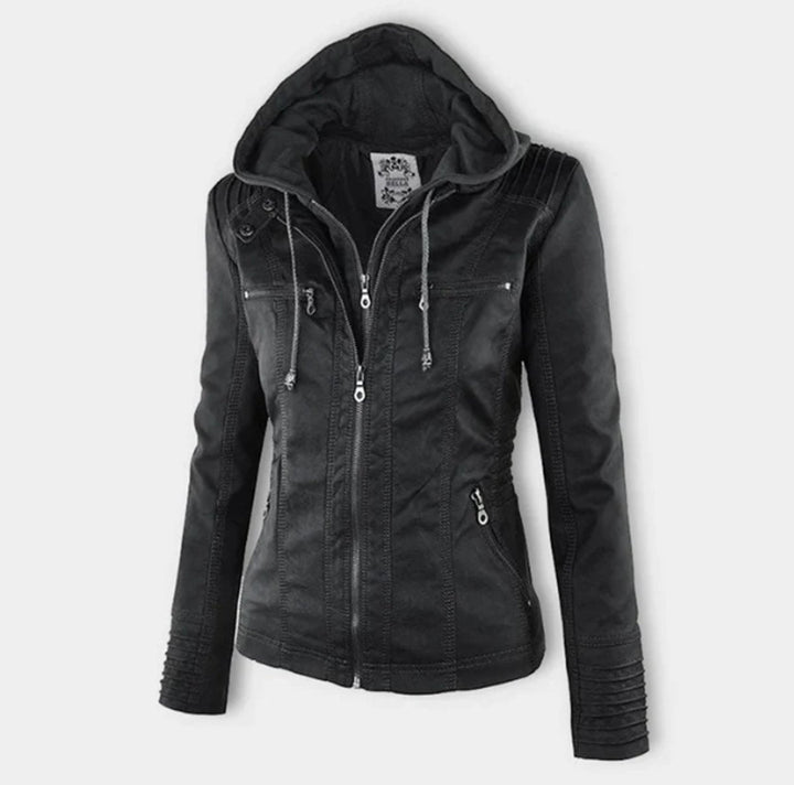 Women's Jacket – Hooded Faux Leather Biker