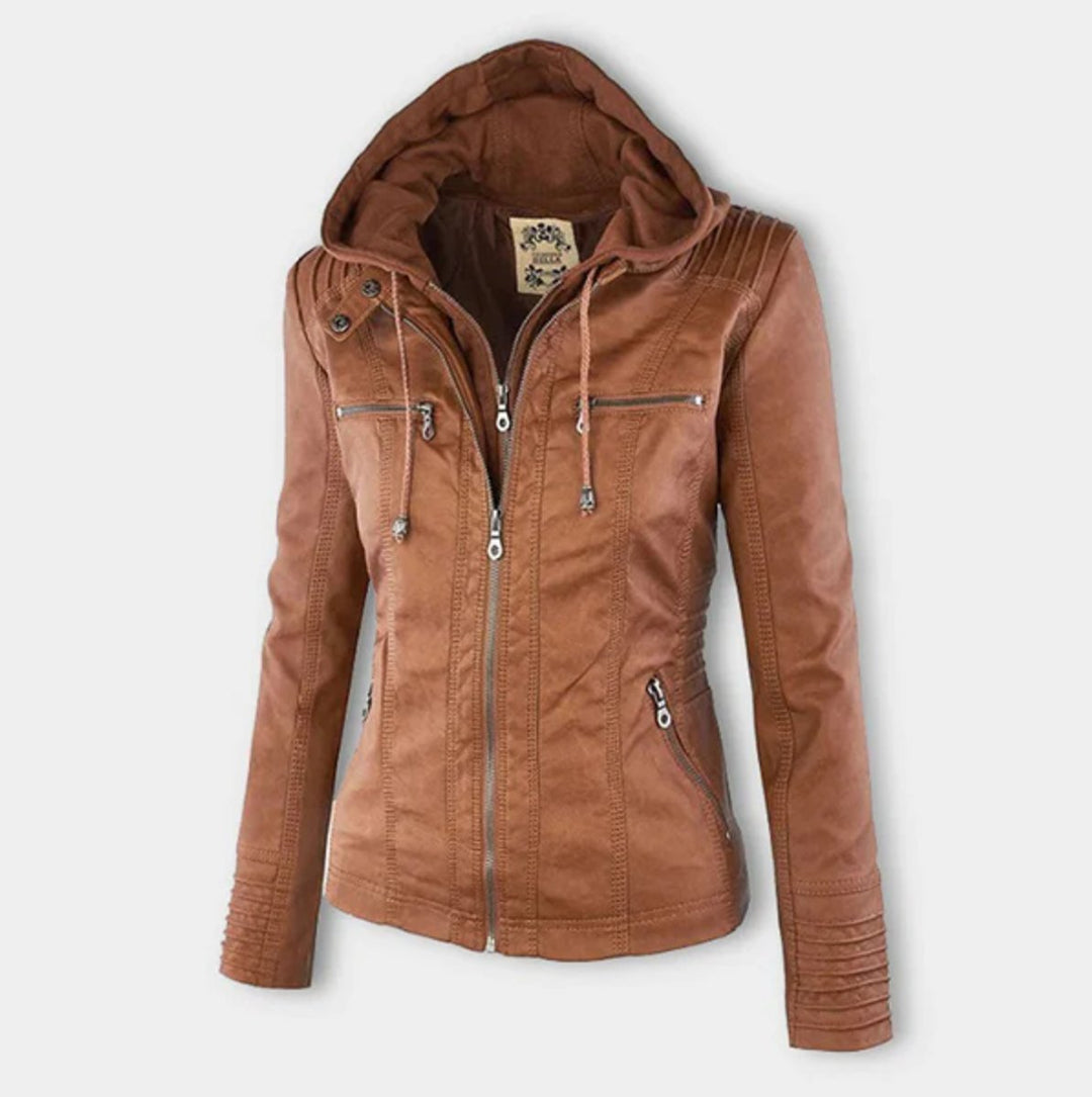 Women's Jacket – Hooded Faux Leather Biker
