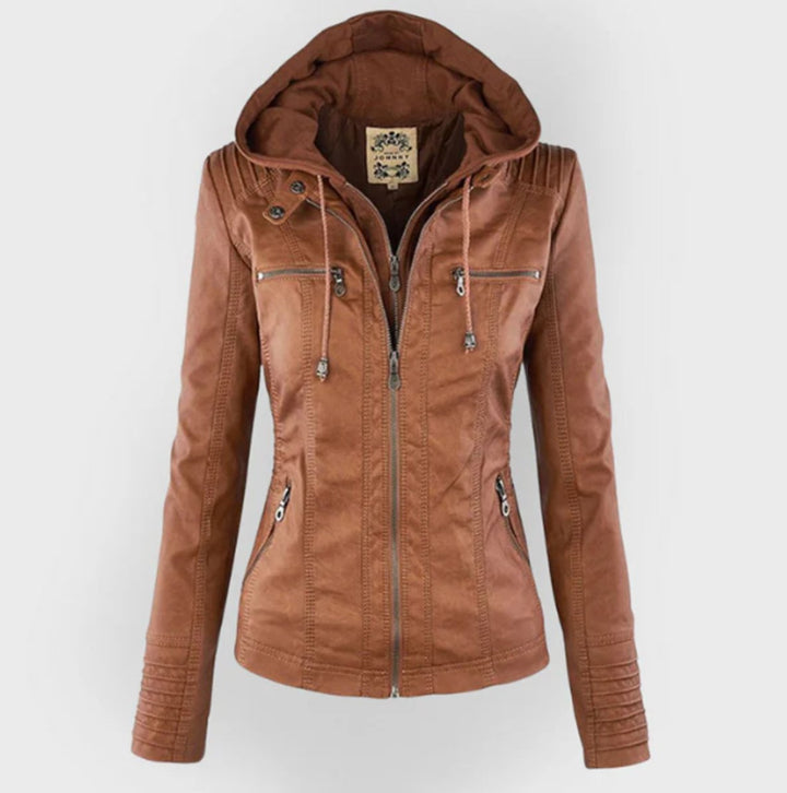 Women's Jacket – Hooded Faux Leather Biker