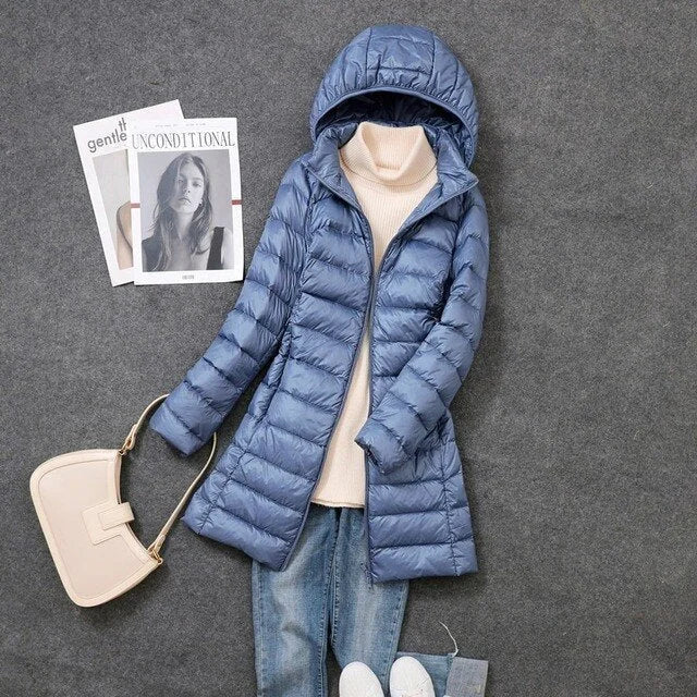 Women's Hooded Long Down Jacket – Full-Length Coverage
