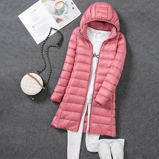 Women's Hooded Long Down Jacket – Full-Length Coverage