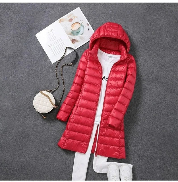 Women's Hooded Long Down Jacket – Full-Length Coverage