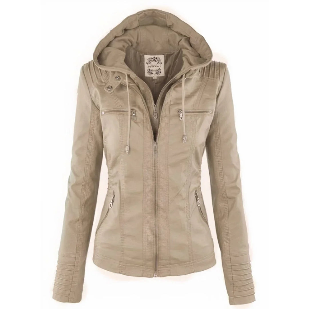 Women's Hooded Moto Faux Leather Jacket Removable Hood