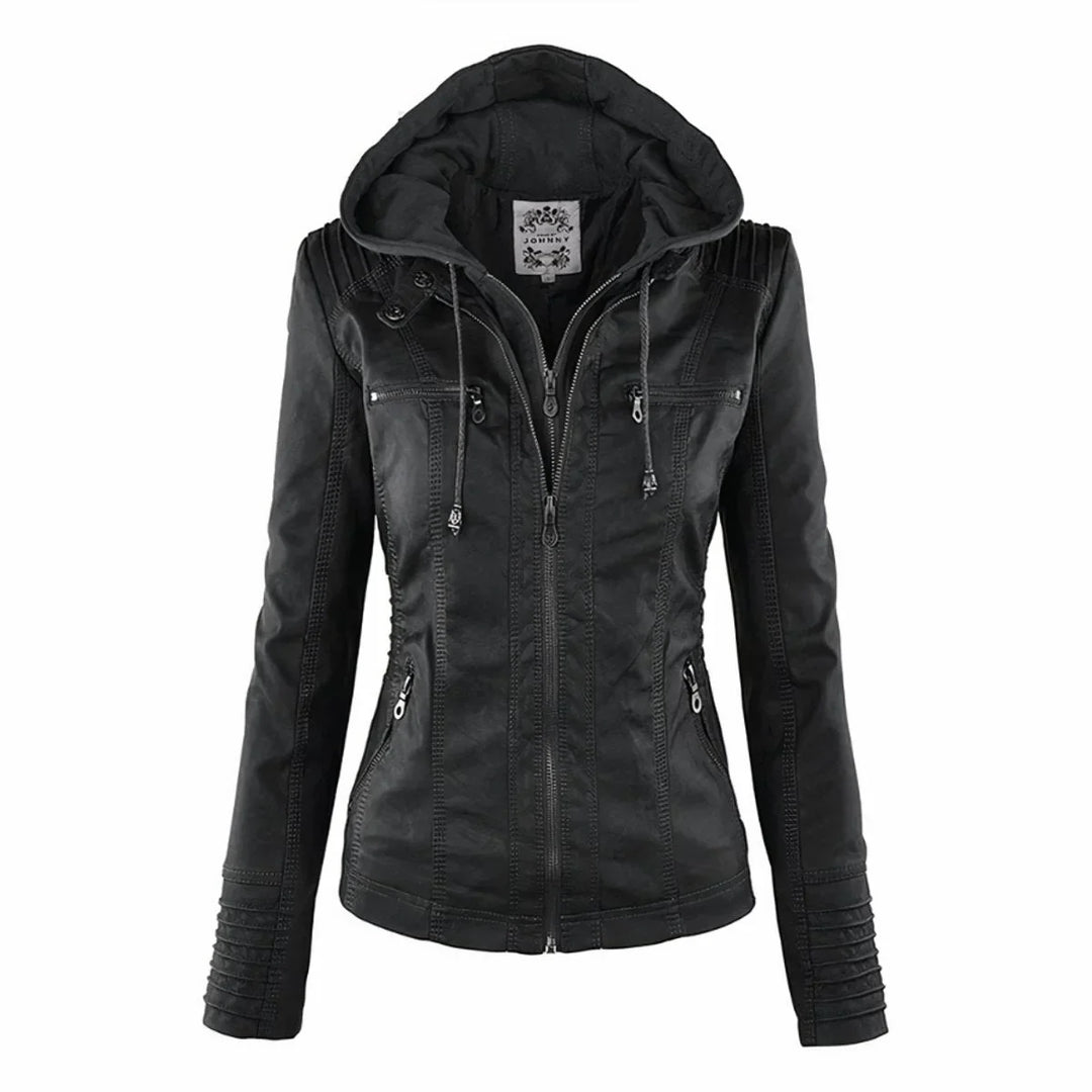Women's Hooded Moto Faux Leather Jacket Removable Hood