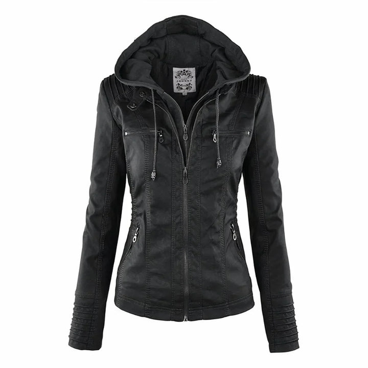 Women's Hooded Moto Faux Leather Jacket Removable Hood