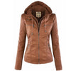 Women's Hooded Moto Faux Leather Jacket Removable Hood