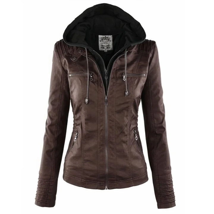 Women's Hooded Moto Faux Leather Jacket Removable Hood