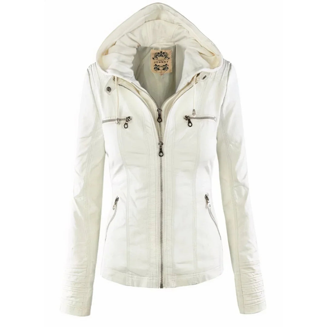 Women's Hooded Moto Faux Leather Jacket Removable Hood