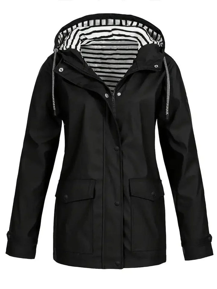 Women's Hooded Striped-Lined Zip-Up Waterproof Rain Coat