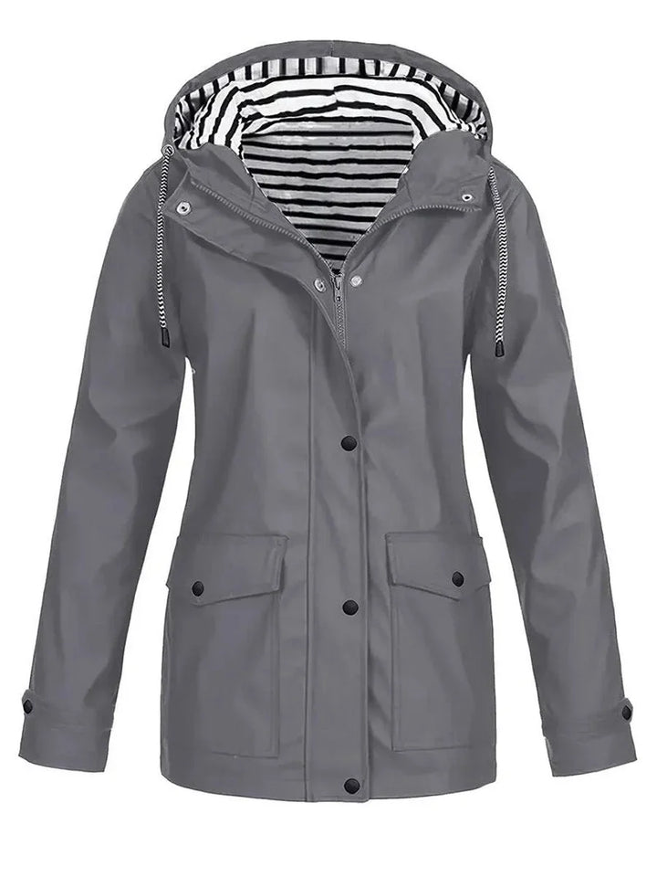 Women's Hooded Striped-Lined Zip-Up Waterproof Rain Coat