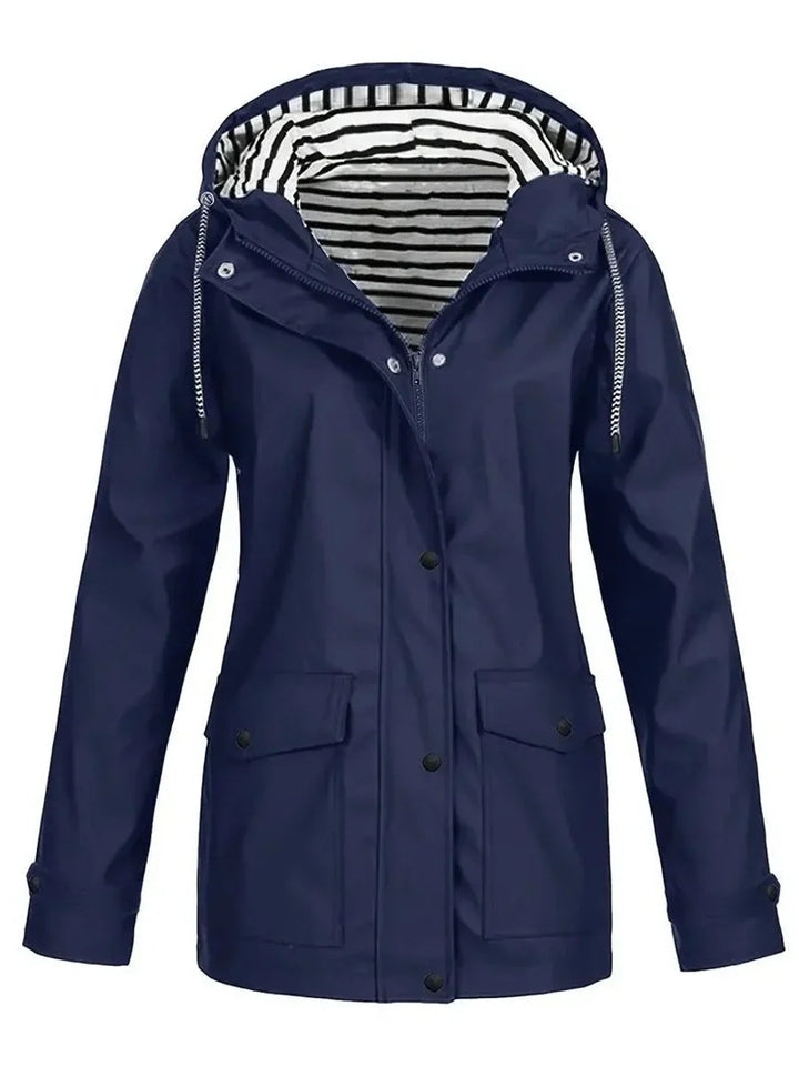 Women's Hooded Striped-Lined Zip-Up Waterproof Rain Coat