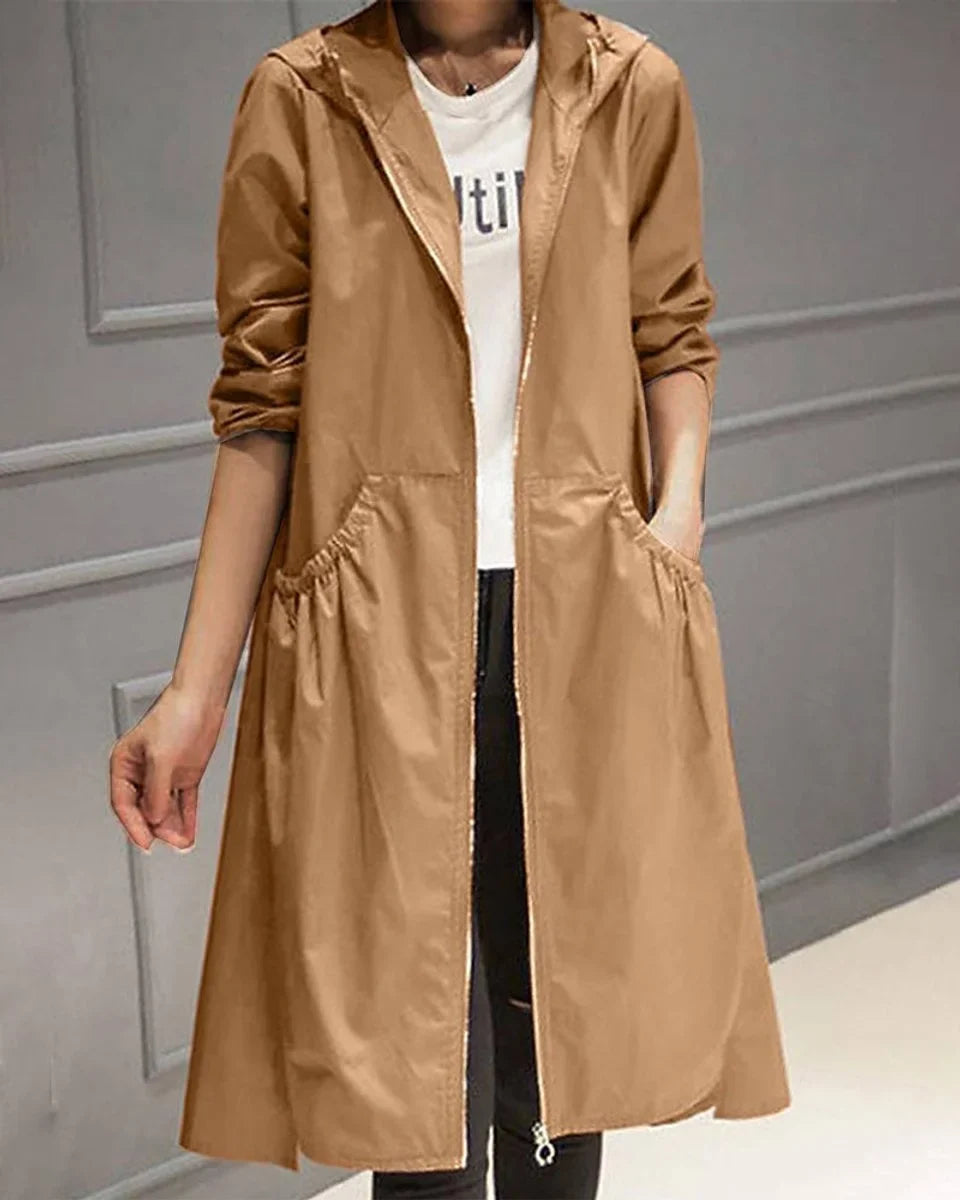 Women's Hooded Waterproof Long Trench Coat Zip-Up