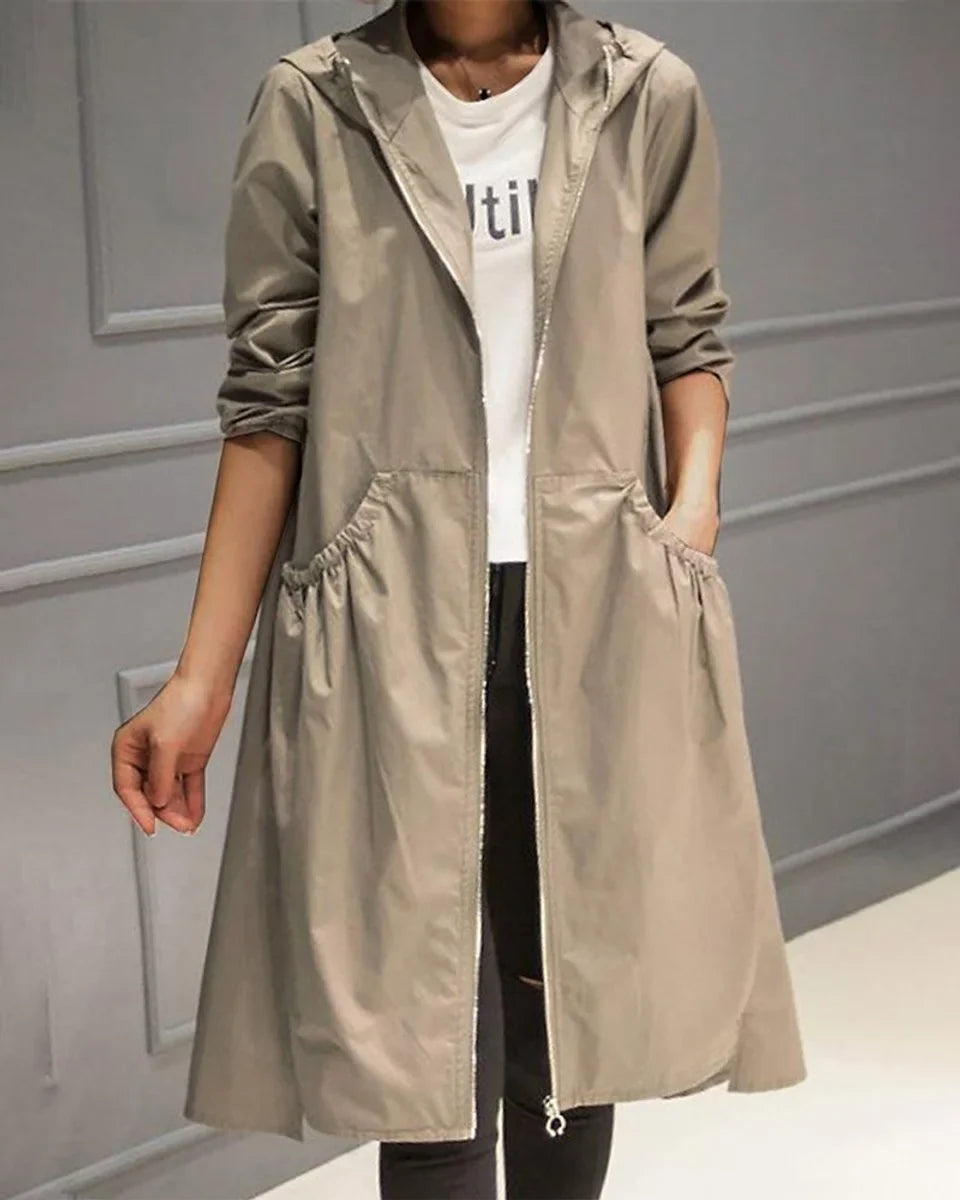 Women's Hooded Waterproof Long Trench Coat Zip-Up