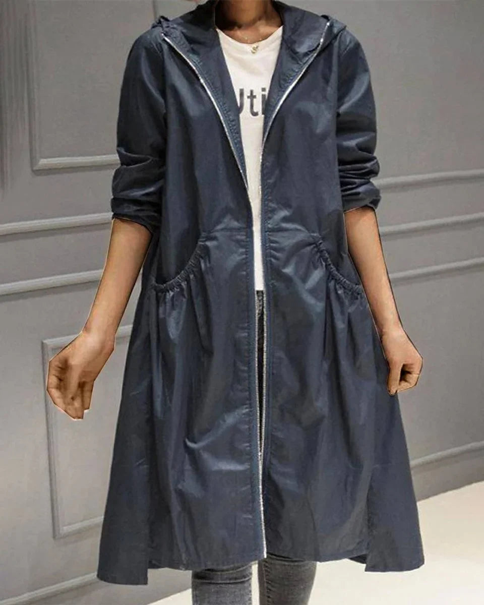 Women's Hooded Waterproof Long Trench Coat Zip-Up