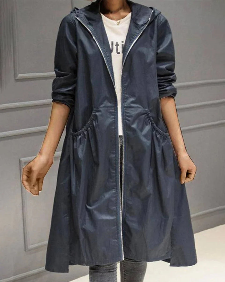 Women's Hooded Waterproof Long Trench Coat Zip-Up