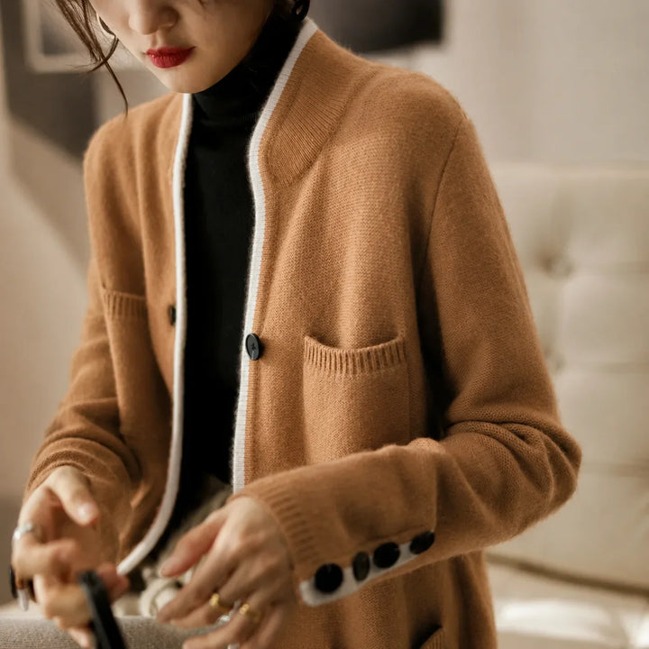 Women's Knit Button-Front Cardigan Sweater – Contrast Trim And Cuff Buttons