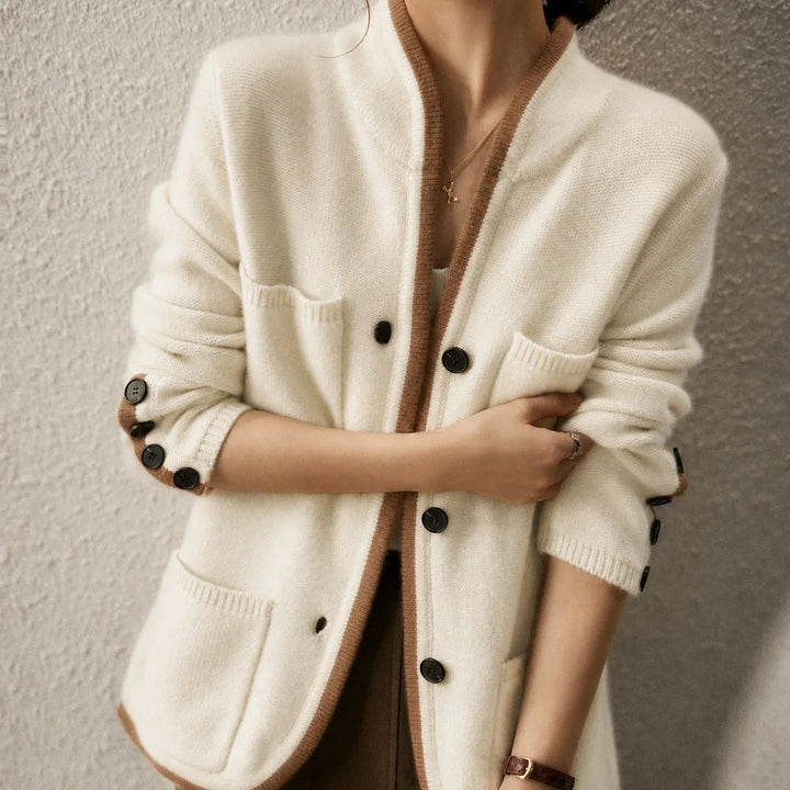 Women's Knit Button-Front Cardigan Sweater – Contrast Trim And Cuff Buttons