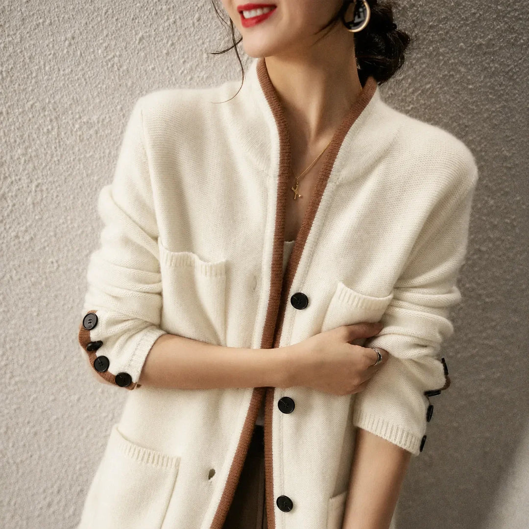 Women's Knit Button-Front Cardigan Sweater – Contrast Trim And Cuff Buttons