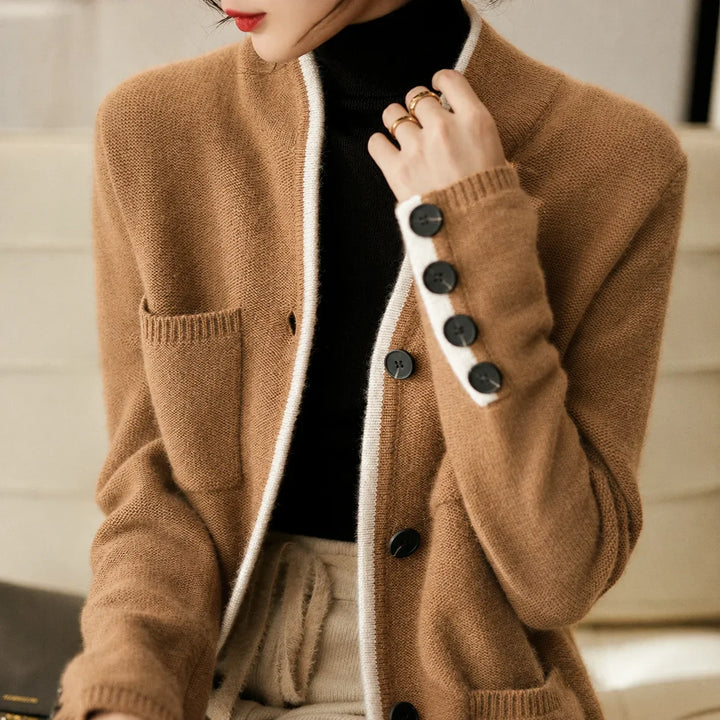 Women's Knit Button-Front Cardigan Sweater – Contrast Trim And Cuff Buttons