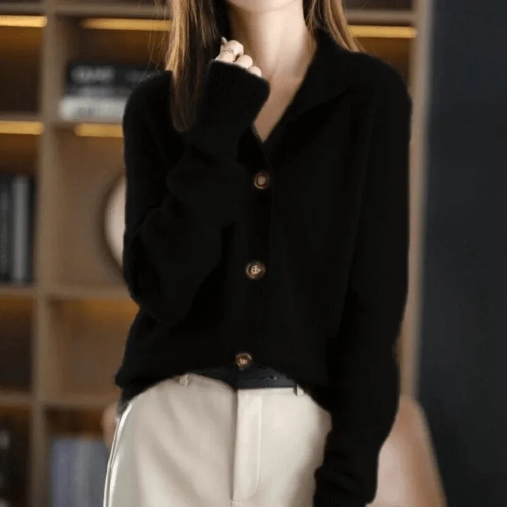 Women's Knit Button-Front Cardigan Sweater – Stand-Collar And Ribbed Cuffs