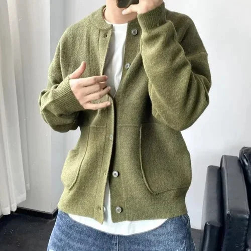 Women's Knit Cardigan Sweater – Button-Front Round-Neck Patch Pockets