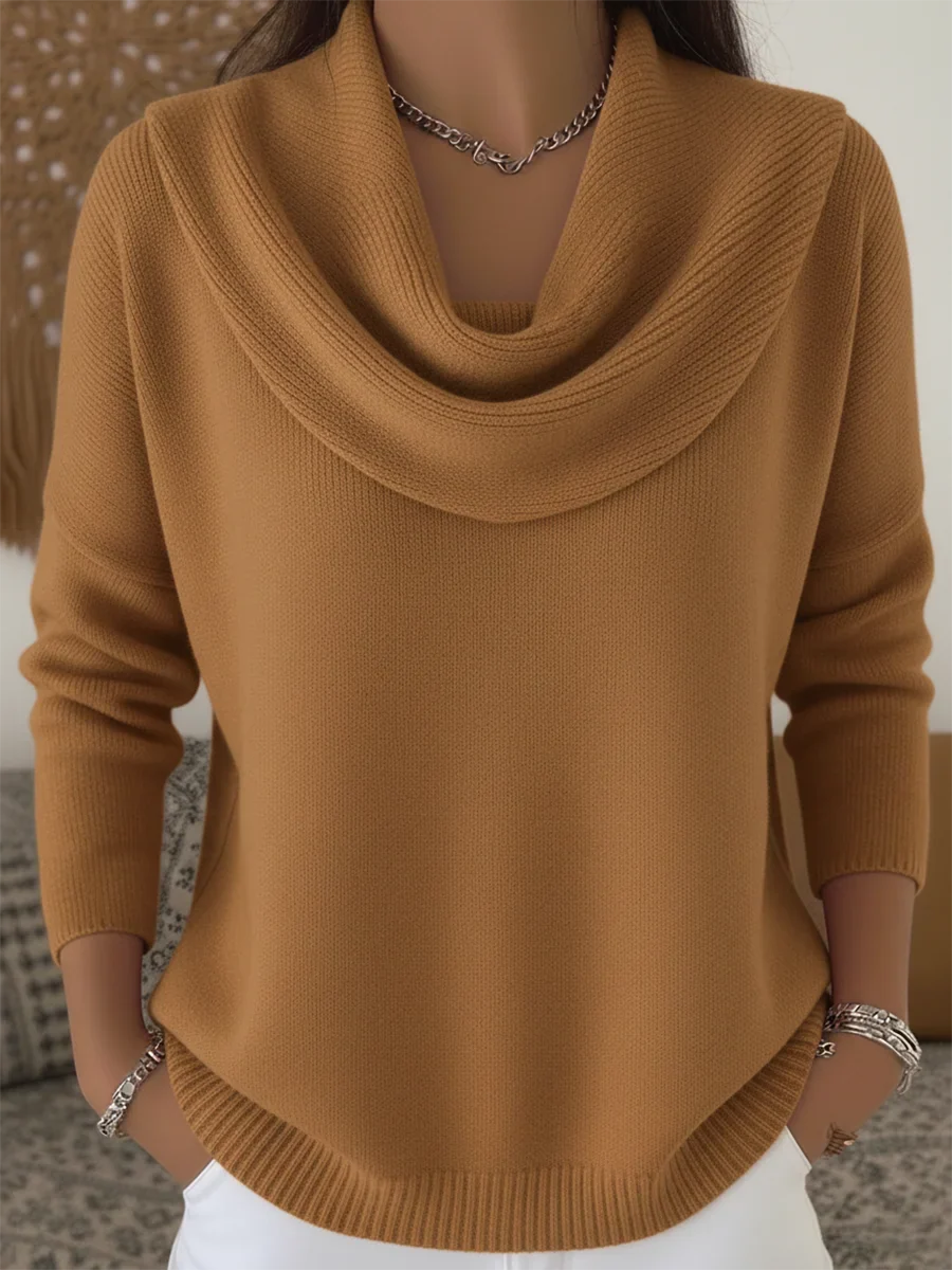 Women's Knit Cowl-Neck Sweater – Long Sleeves And Drop Shoulders