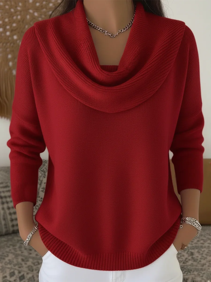 Women's Knit Cowl-Neck Sweater – Long Sleeves And Drop Shoulders
