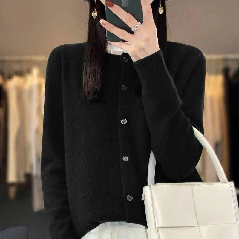 Women's Knit Crew-Neck Cardigan Sweater – Button-Front Closure And Long Sleeves