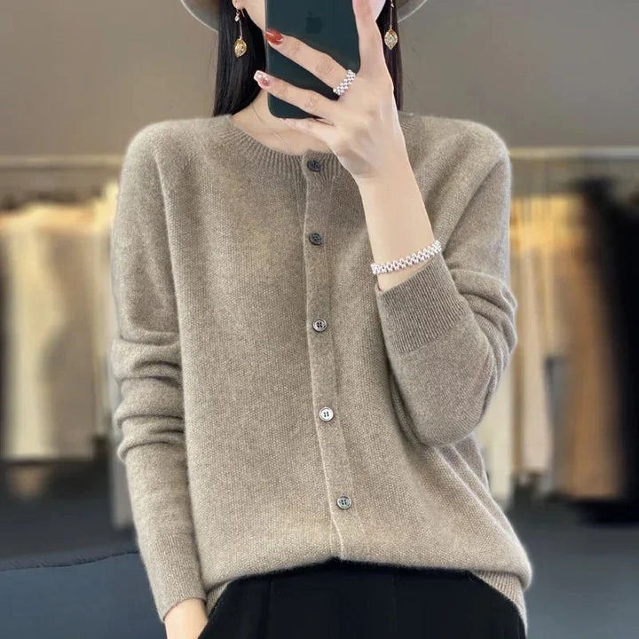 Women's Knit Crew-Neck Cardigan Sweater – Button-Front Closure And Long Sleeves