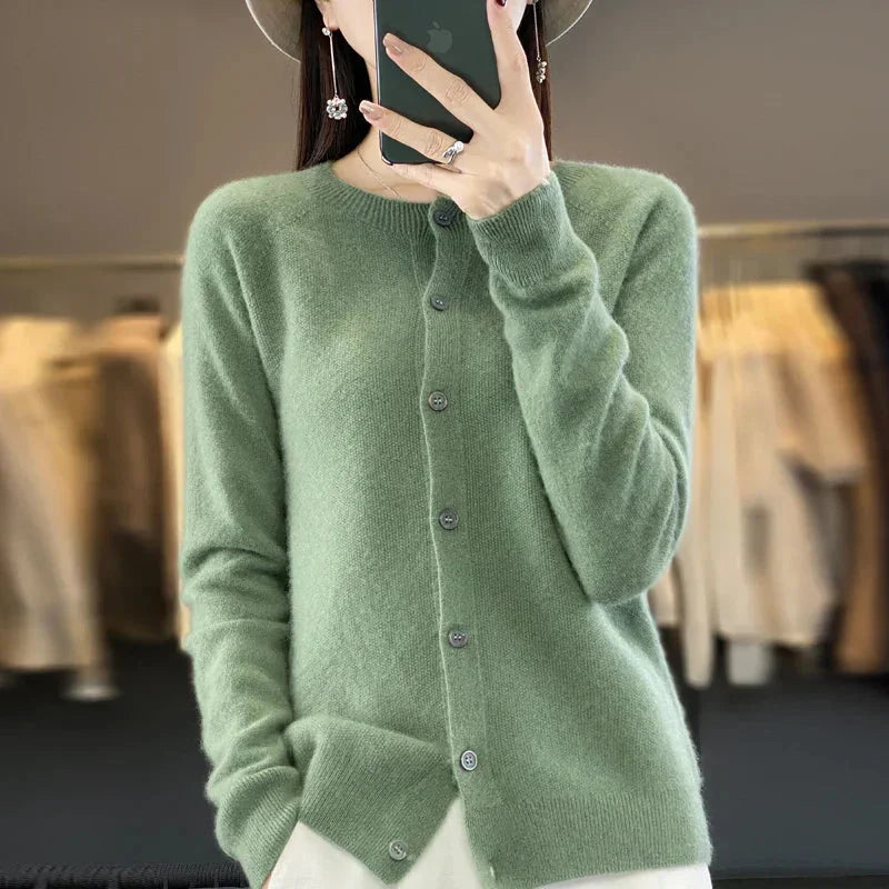 Women's Knit Crew-Neck Cardigan Sweater – Button-Front Closure And Long Sleeves