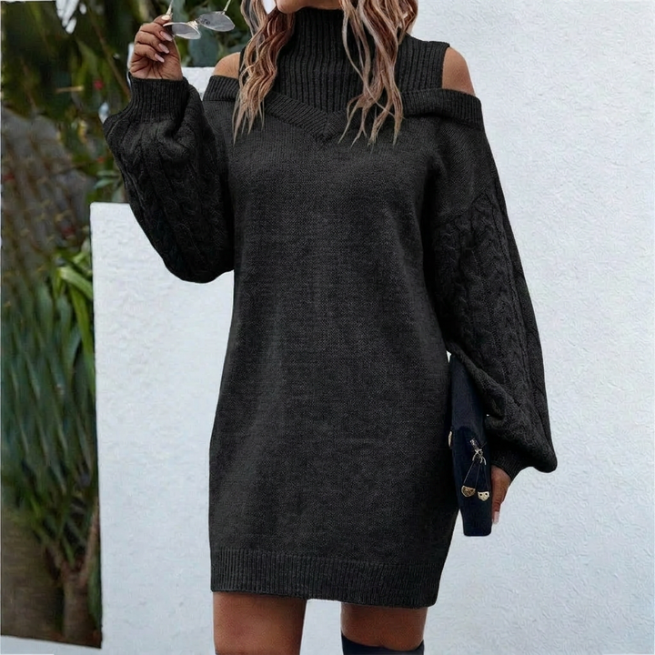 Women's Midi Dress – Ribbed Knit Roll-Neck