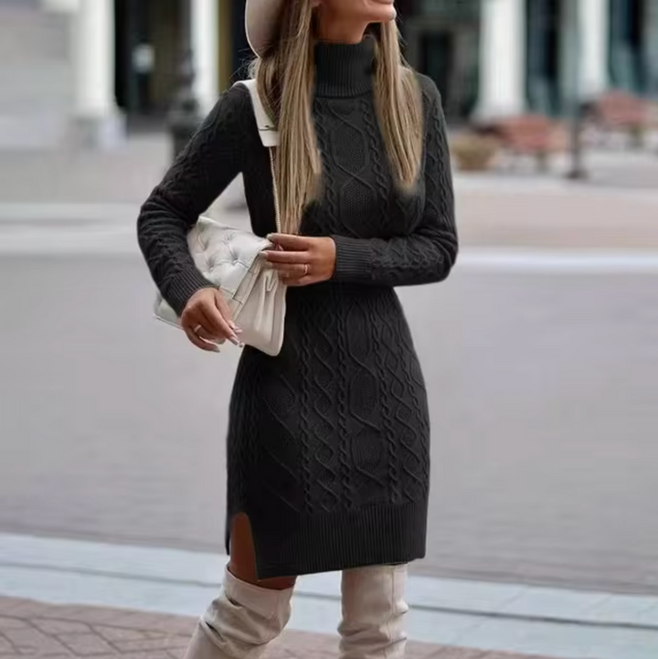 Women's Midi Dress – Cable Knit Turtleneck Long Sleeve