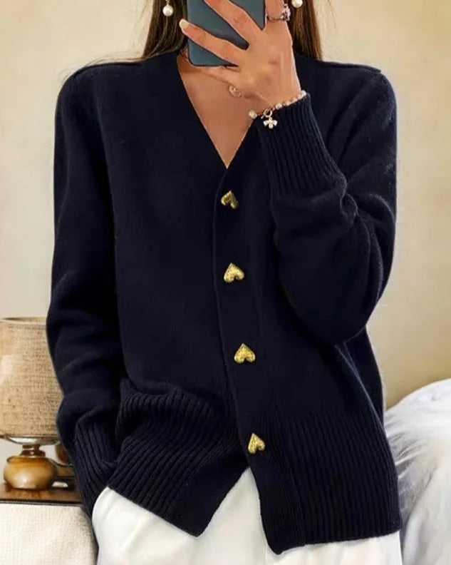 Women's Knit Heart-Button Cardigan Sweater – V-Neck And Ribbed Cuffs