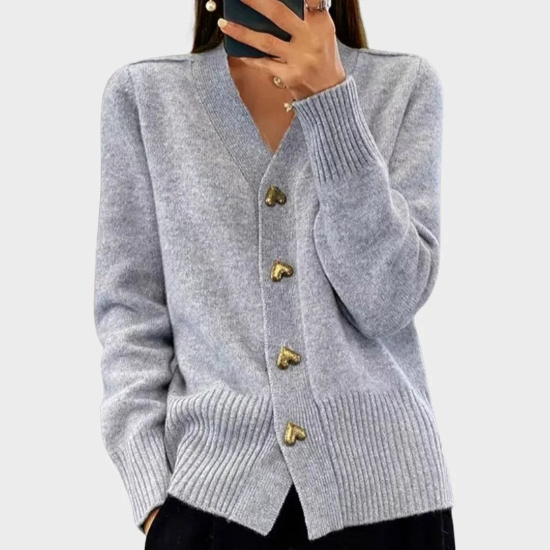 Women's Knit Heart-Button Cardigan Sweater – V-Neck And Ribbed Cuffs