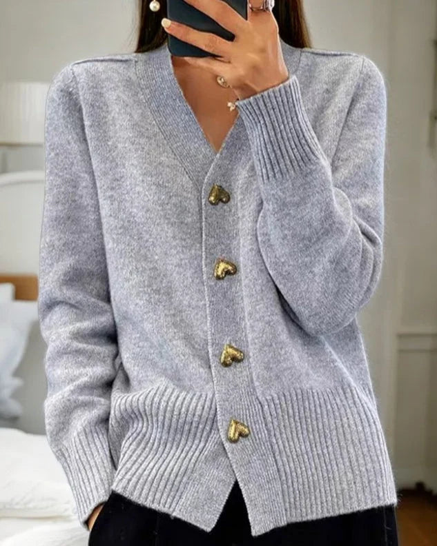 Women's Knit Heart-Button Cardigan Sweater – V-Neck And Ribbed Cuffs