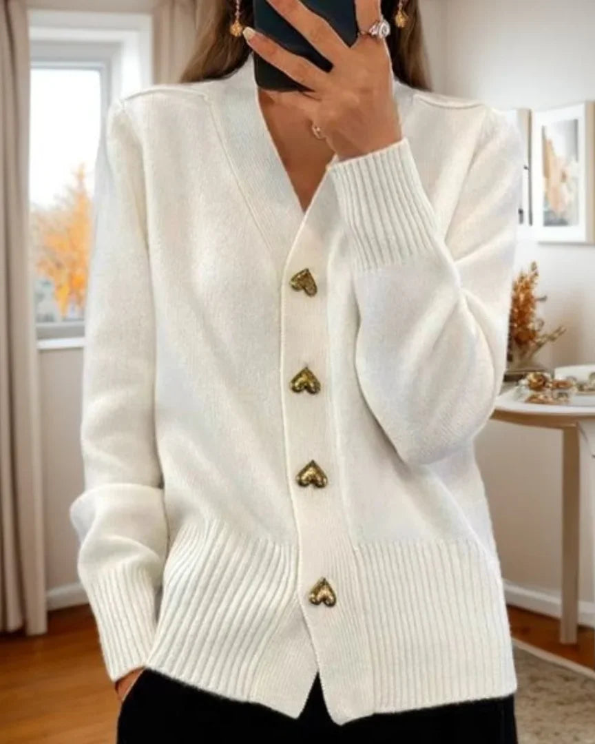 Women's Knit Heart-Button Cardigan Sweater – V-Neck And Ribbed Cuffs