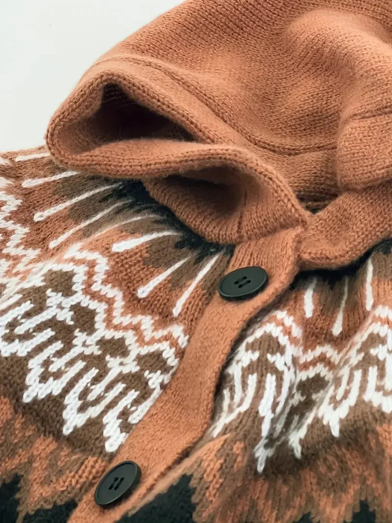 Women's Knit Hooded Mid-Length Fair Isle Pattern Cardigan Sweater – Button Front