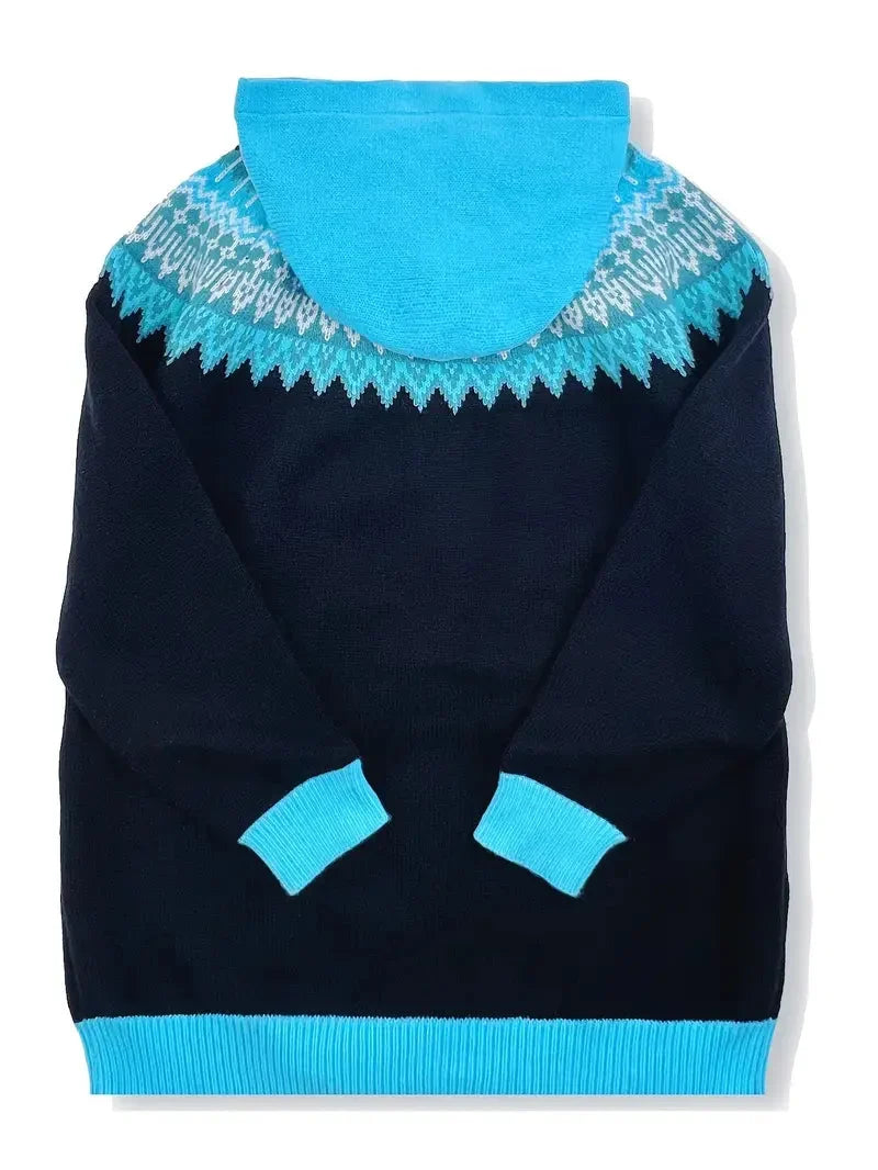 Women's Knit Hooded Mid-Length Fair Isle Pattern Cardigan Sweater – Button Front