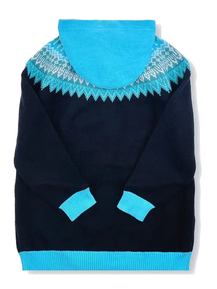 Women's Knit Hooded Mid-Length Fair Isle Pattern Cardigan Sweater – Button Front
