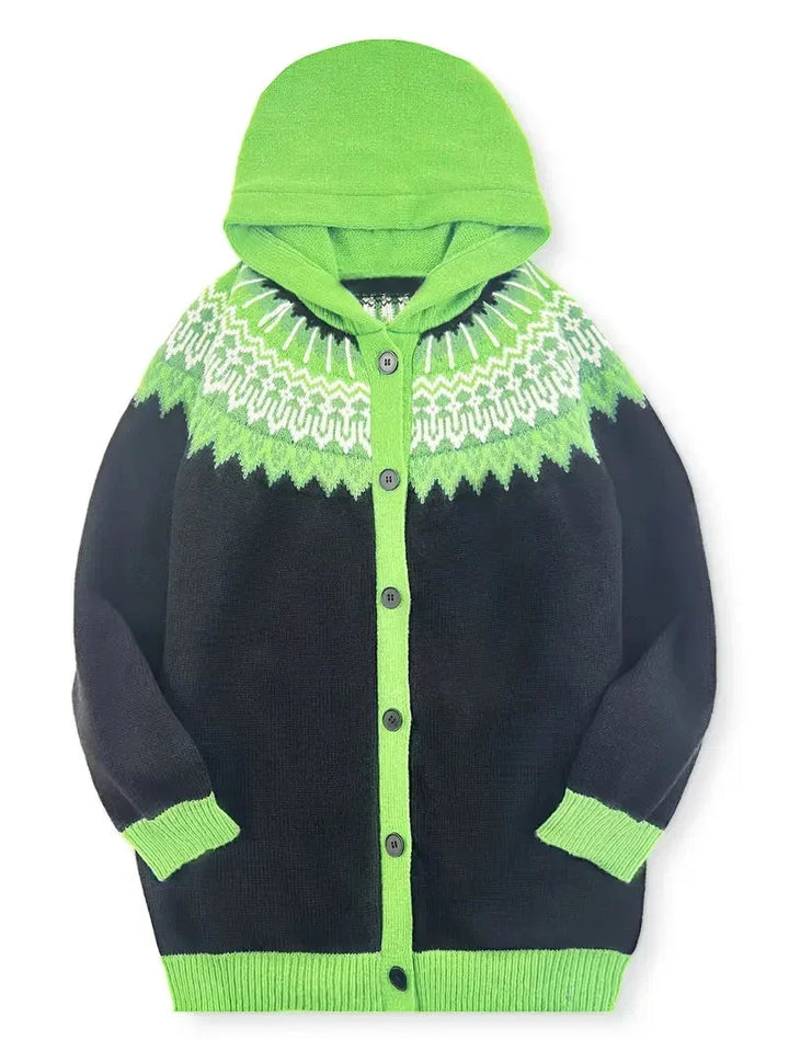 Women's Knit Hooded Mid-Length Fair Isle Pattern Cardigan Sweater – Button Front