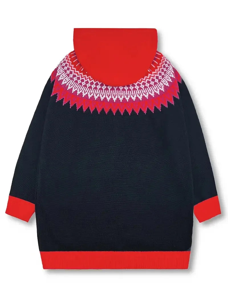 Women's Knit Hooded Mid-Length Fair Isle Pattern Cardigan Sweater – Button Front