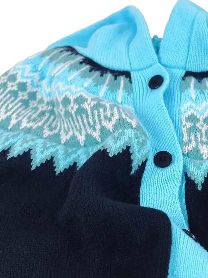 Women's Knit Hooded Mid-Length Fair Isle Pattern Cardigan Sweater – Button Front