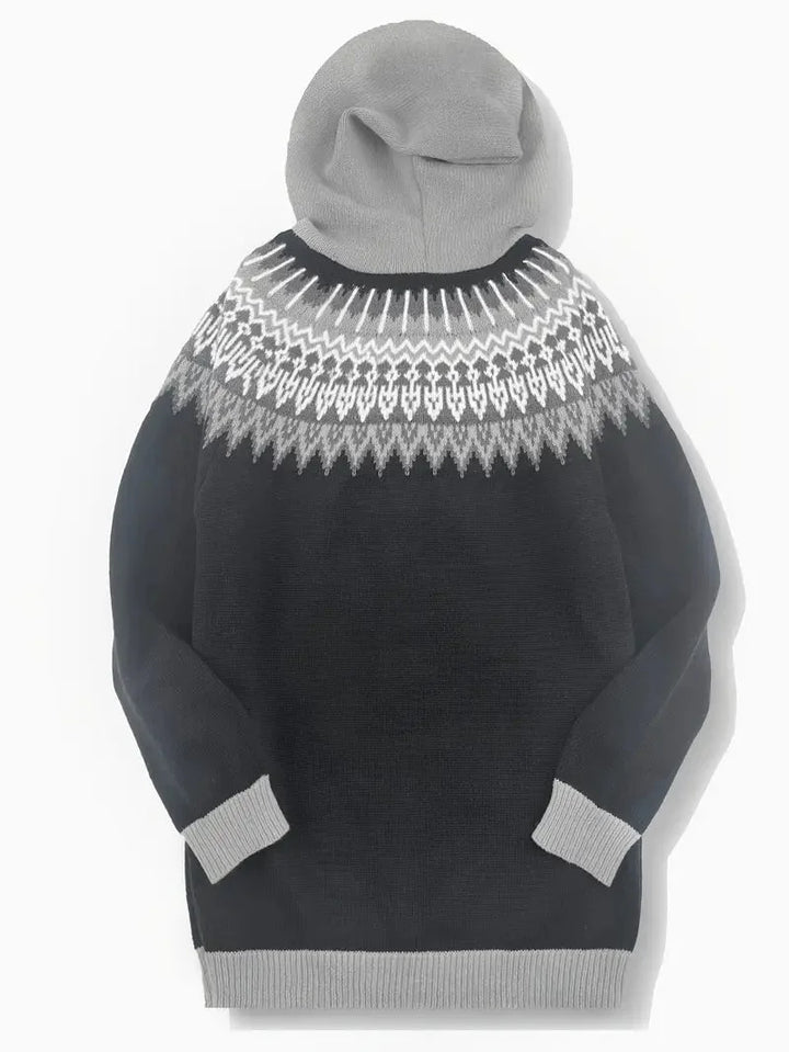 Women's Knit Hooded Mid-Length Fair Isle Pattern Cardigan Sweater – Button Front