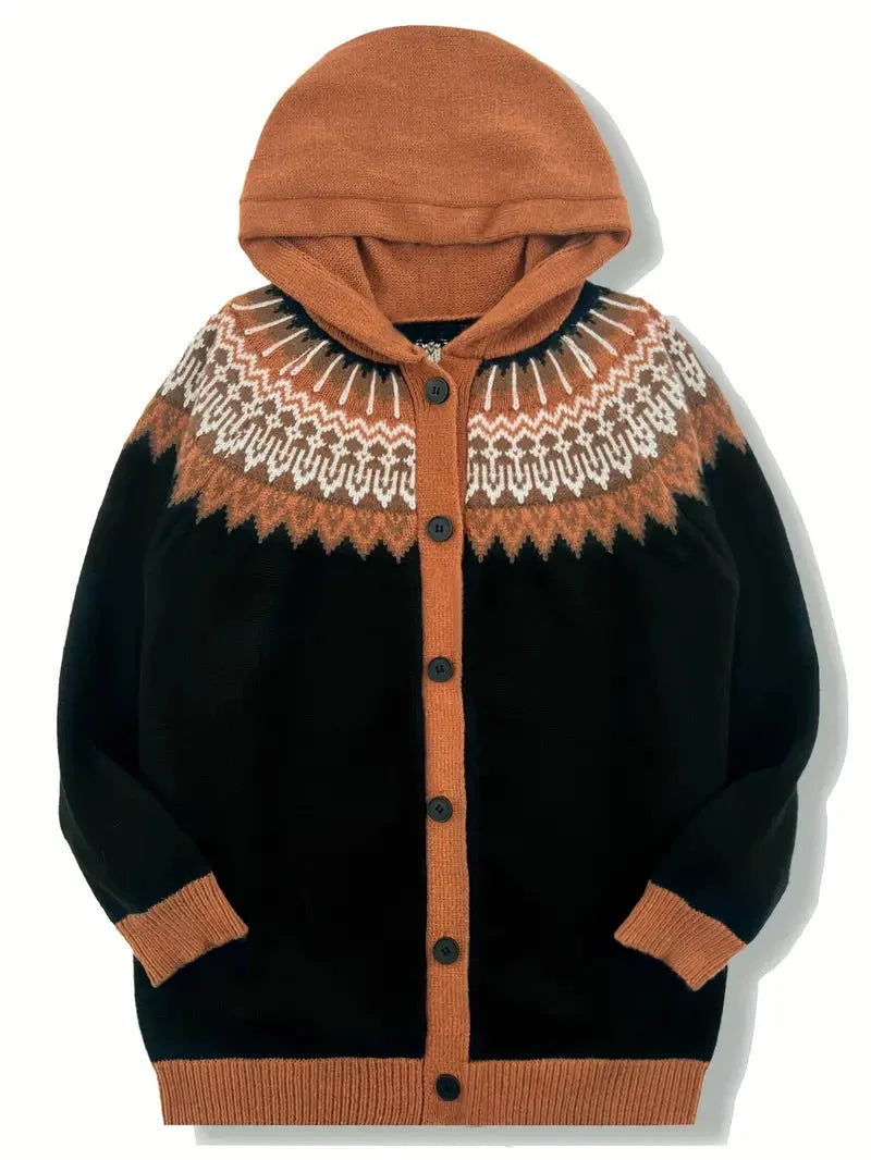 Women's Knit Hooded Mid-Length Fair Isle Pattern Cardigan Sweater – Button Front