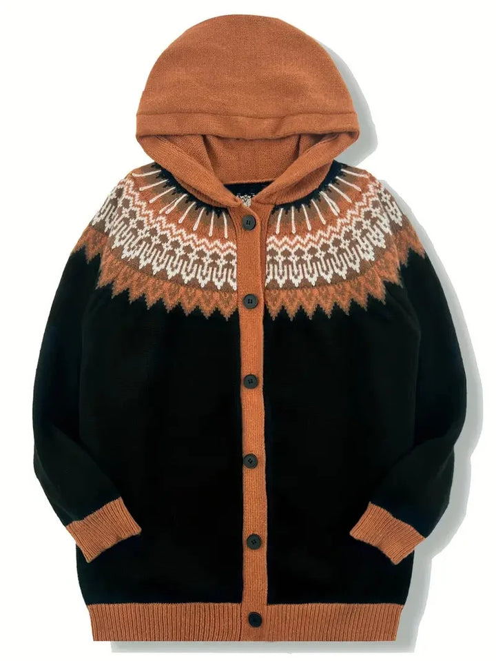Women's Knit Hooded Mid-Length Fair Isle Pattern Cardigan Sweater – Button Front
