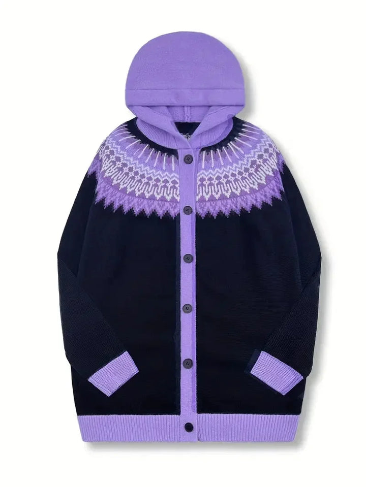 Women's Knit Hooded Mid-Length Fair Isle Pattern Cardigan Sweater – Button Front